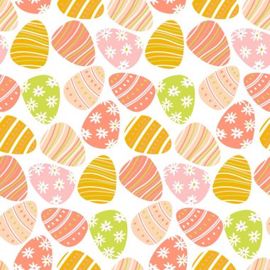 Tatlı Paskalya yumurtaları pürüzsüz. Çiçekli ve çizgili süslemeli renkli yumurtalar. Şenlikli hediye paketi, tekstil ve tebrik kartları için parlak bahar arkaplanı. Düz vektör illüstrasyonu