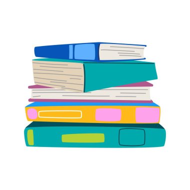 Bir yığın akademik kitap ve ders kitabı. Beyazlara izole edilmiş el çizimi kütüphane kitapları. Eğitim, okuma ve öğrenim konsepti. Okul, üniversite ve kitapçı için parlak düz vektör illüstrasyonu.