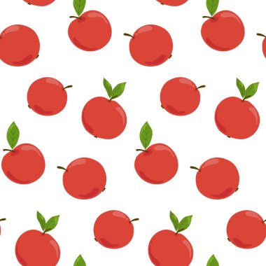 Kırmızı elmasız desen. Mutfak tekstili, sağlıklı gıda ambalajı ve çocuk odası dekorasyonu için olgun organik meyve arka planı. Sonbahar hasat ve market tasarımı için vektör illüstrasyonu