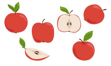 Elma kırmızısı toplama vektörü. Sağlıklı gıda markaları, organik ürün ambalajları ve mutfak dekorasyonu için olgun meyveler ve taze dilimler.
