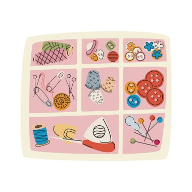 Organizatör vektör kiti dikiyorum. İplik, düğmeler, yüksükler ve el işi organizasyonu için iğneler, ev terziliği ve düz pazarlama hobisi olan el çantası..