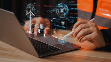 Modern fabrika ve gelecekteki mühendislik endüstrisinde yenilik, otomasyon ve gelişmiş teknolojiyi sembolize eden dijital holografik tasarım ile akıllı endüstriyel sistemi analiz eden mühendis..