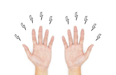 Tingling and numbness in hands of Asian young man with diabetes. Finger sensation problems. Hand nerves problems. Isolated on white. clipart