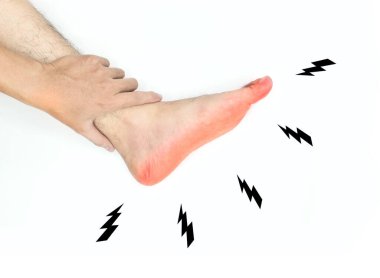 Tingling and burning sensation in foot of Asian young man with diabetes. Sensory neuropathy problems. Foot nerves problems. Isolated on white. clipart