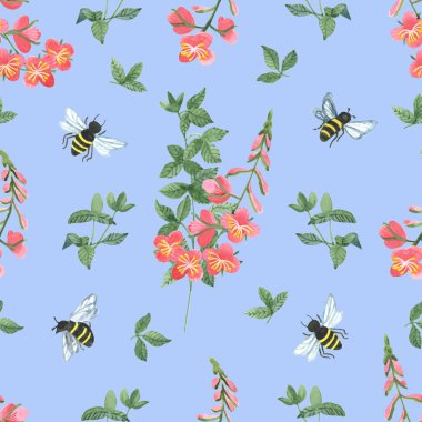 Mavi arka planda çayır otları ve arılar olan zarif bir desen. Tekstil, kumaş, ambalaj, peçete için ideal..