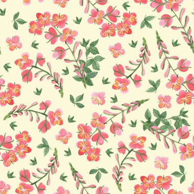 Sarı arka planda pembe çiçekli suluboya deseni. Kumaş, tekstil, ambalaj için tasarım