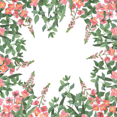 Arılı pembe kır çiçeklerinin kare çerçevesi. Davetiyeler, kartlar, duyurular için tasarım.