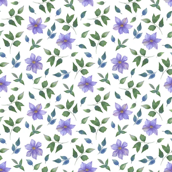 Watercolor Seamless Pattern Clematis Flowers White Background Modern Design Fabric — Fotografia de Stock
