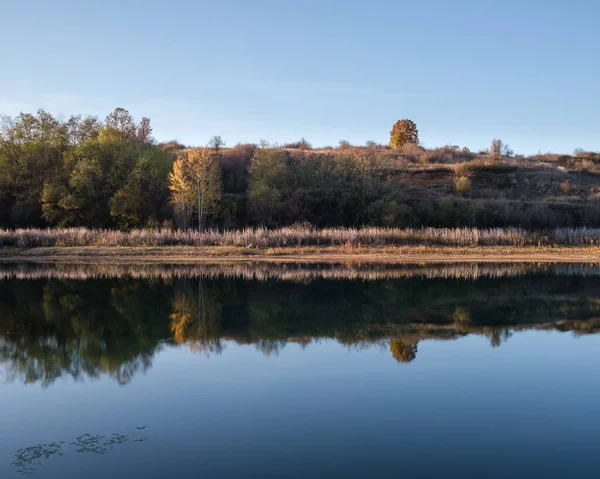 Sonnenbeleuchtete Herbstlich Gefärbte Silberne Birken Die Sich Der Ruhigen Silberblauen — Stockfoto