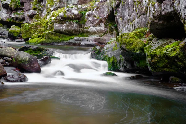 Primer Plano Una Pequeña Cascada Río Montaña Que Fluye Través — Foto de Stock