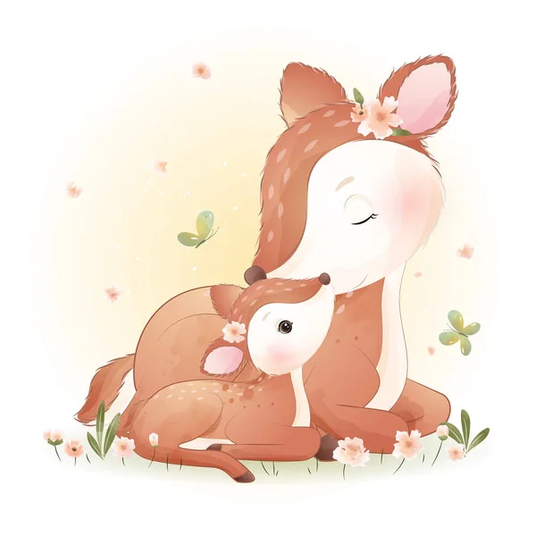 Cerf Gribouillis Mignon Avec Illustration Florale — Image vectorielle