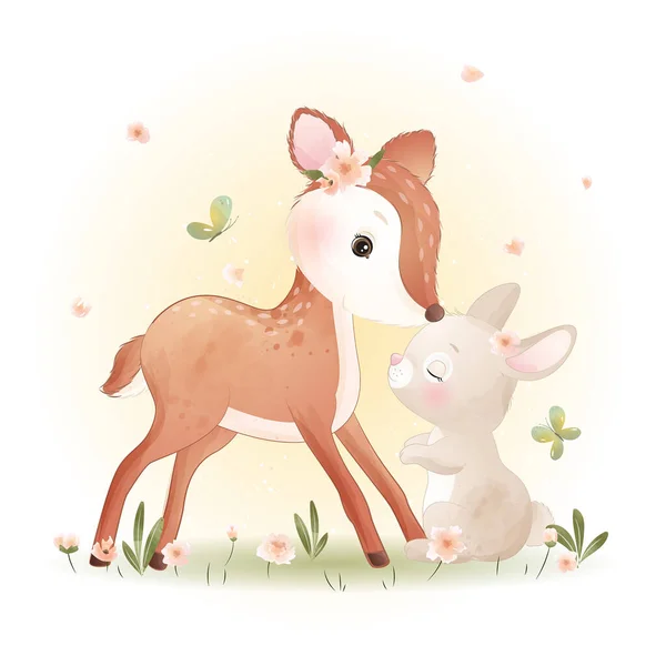 Mignon Cerf Gribouillis Petit Lapin Avec Illustration Florale — Image vectorielle