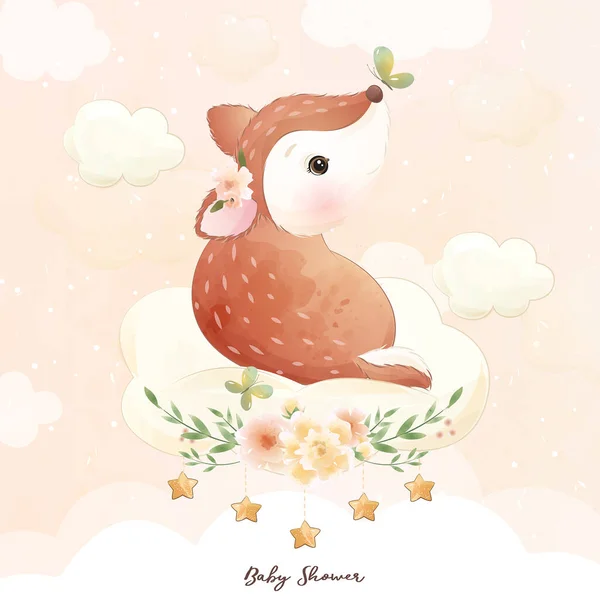 Cerf Gribouillis Mignon Avec Illustration Florale — Image vectorielle