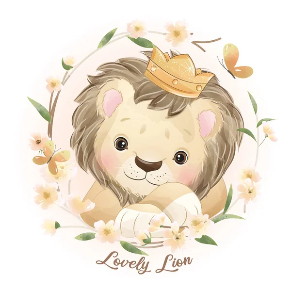 Cute Doodle Lion Floral Illustration — Stock Vector