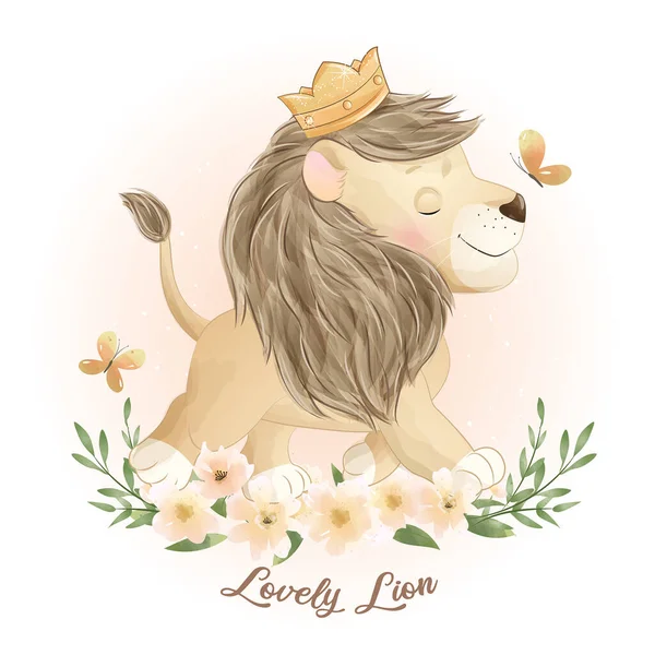 Leão Doodle Bonito Com Ilustração Floral — Vetor de Stock