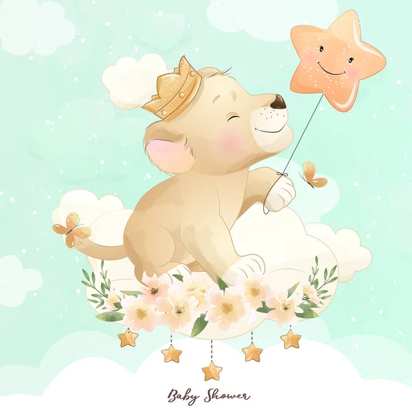 Mignon Lion Gribouillis Avec Illustration Florale — Image vectorielle