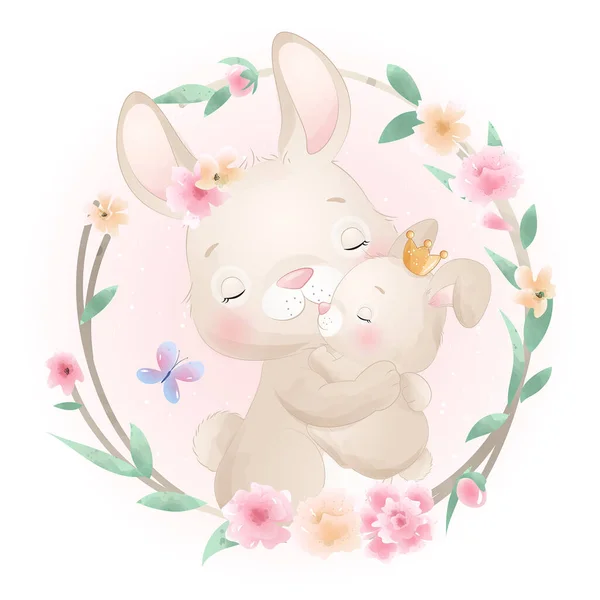 Carino Doodle Coniglietto Con Illustrazione Floreale — Vettoriale Stock