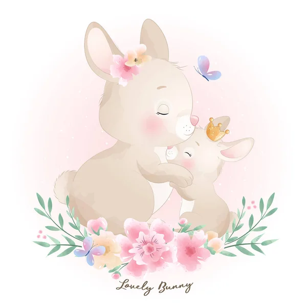 Mignon Lapin Doodle Avec Illustration Florale — Image vectorielle