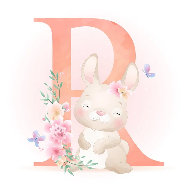 Cute Doodle Bunny Floral Illustration — Stock Vector