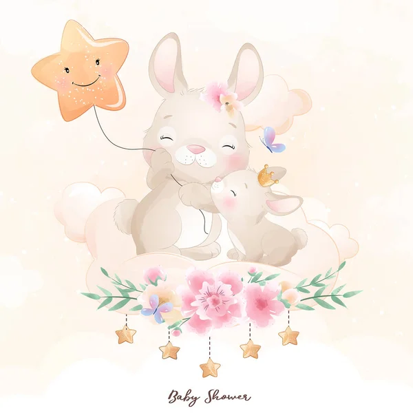 Coelho Bonito Doodle Com Ilustração Floral — Vetor de Stock