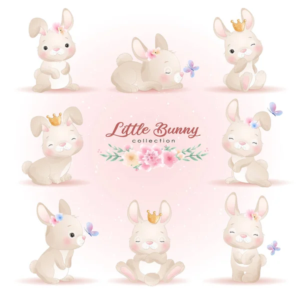 Cute Doodle Bunny Poses Floral Illustration — Stock Vector