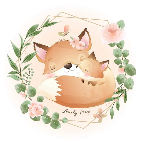 Mignon Doodle Foxy Avec Illustration Florale — Image vectorielle
