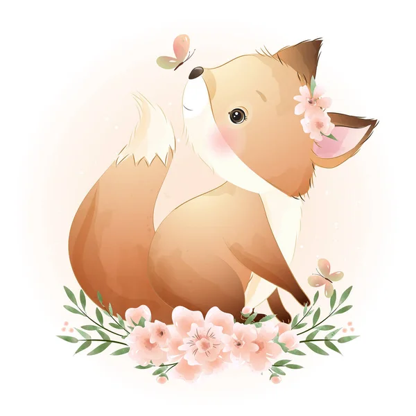 Nettes Doodle Foxy Mit Floraler Illustration — Stockvektor