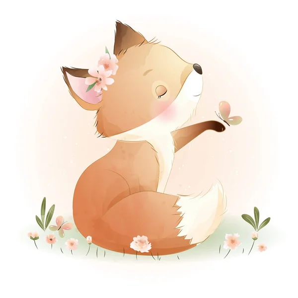 Mignon Doodle Foxy Avec Illustration Florale — Image vectorielle