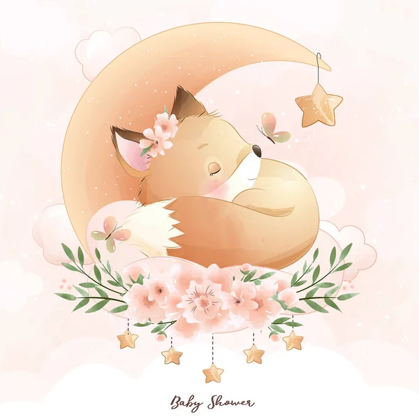 Mignon Doodle Foxy Avec Illustration Florale — Image vectorielle