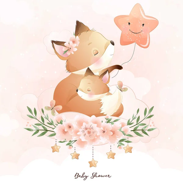 Söt Doodle Foxy Med Blommig Illustration — Stock vektor