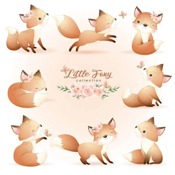 Söt Doodle Foxy Poser Med Blommig Illustration — Stock vektor