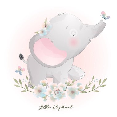 Cute doodle elephant with floral illustration clipart