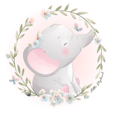 Cute doodle elephant with floral illustration clipart