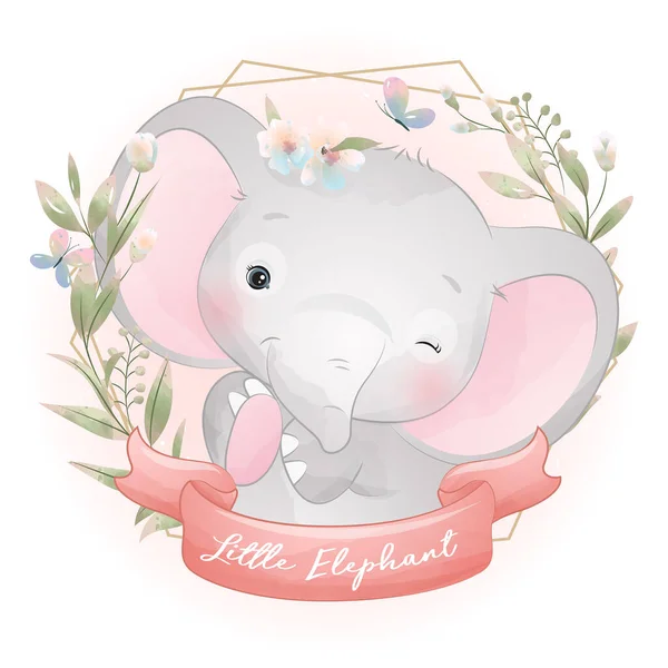 Carino Doodle Elefante Con Illustrazione Floreale — Vettoriale Stock