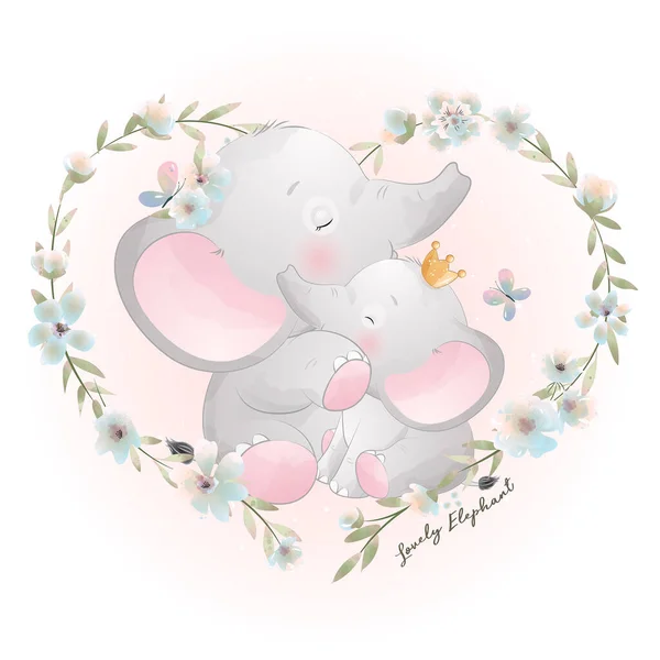 Éléphant Mignon Doodle Avec Illustration Florale — Image vectorielle