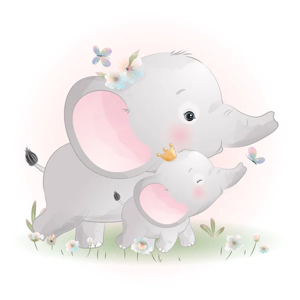 Söt Doodle Elefant Med Blommig Illustration — Stock vektor