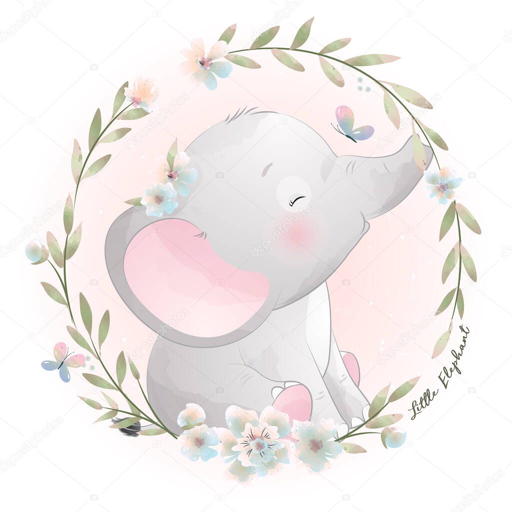 Cute doodle elephant with floral illustration