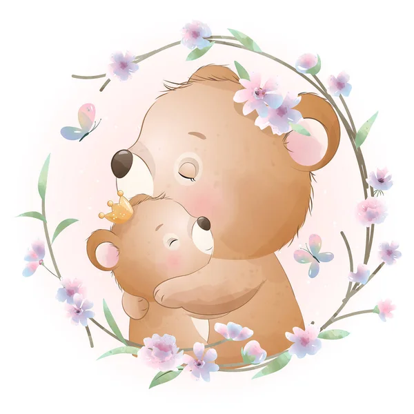 Cute Doodle Niedźwiedź Kwiatowej Ilustracji — Wektor stockowy