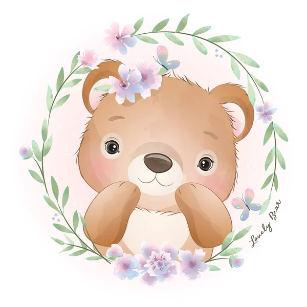 Ours Gribouillé Mignon Avec Illustration Florale — Image vectorielle