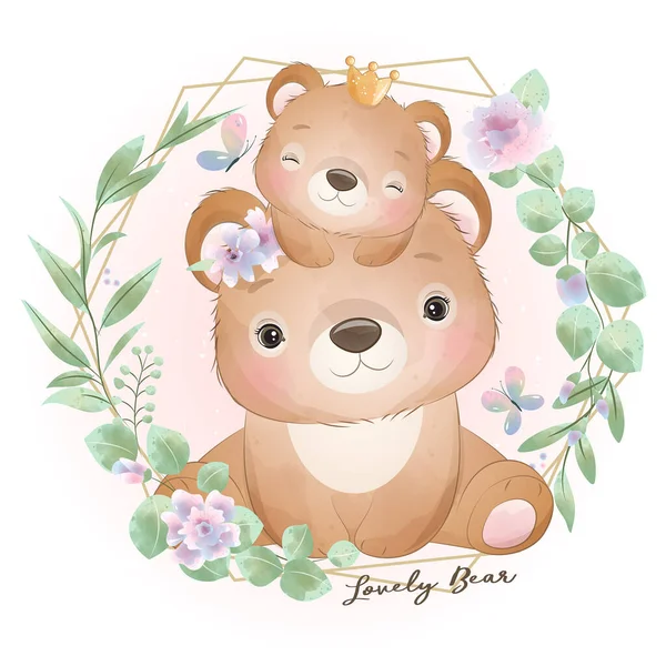 Cute Doodle Niedźwiedź Kwiatowej Ilustracji — Wektor stockowy
