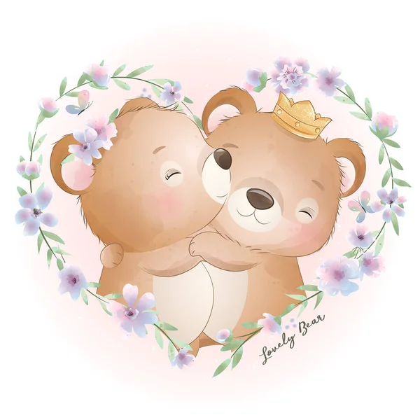 Aranyos Firka Medve Virágos Illusztráció — Stock Vector