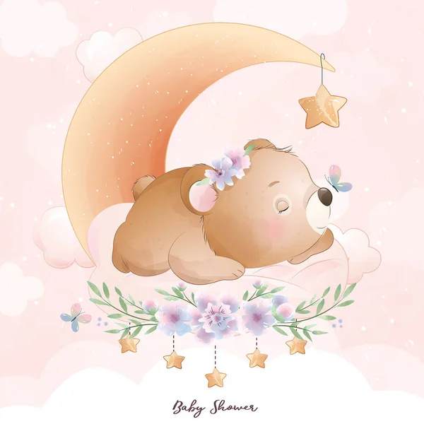 Ours Gribouillé Mignon Avec Illustration Florale — Image vectorielle