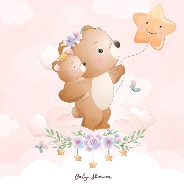 Urso Bonito Doodle Com Ilustração Floral — Vetor de Stock