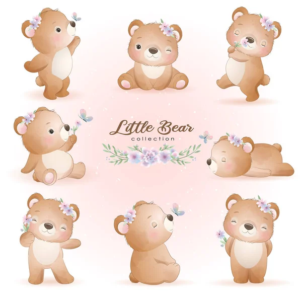 Aranyos Firka Medve Pózol Virágdíszlet Illusztráció — Stock Vector