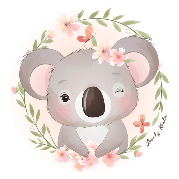 Lindo Oso Koala Doodle Con Ilustración Floral — Vector de stock