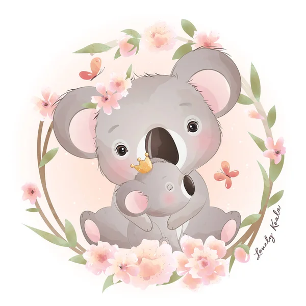 Carino Doodle Koala Orso Con Illustrazione Floreale — Vettoriale Stock