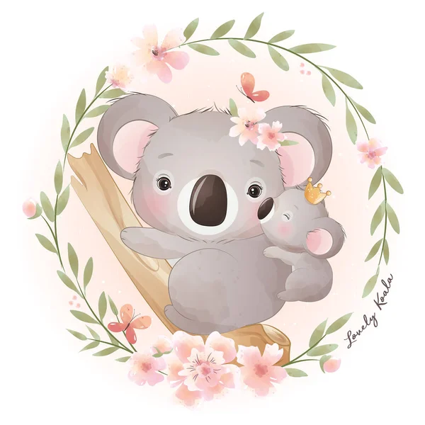 Söt Doodle Koala Björn Med Blommig Illustration — Stock vektor