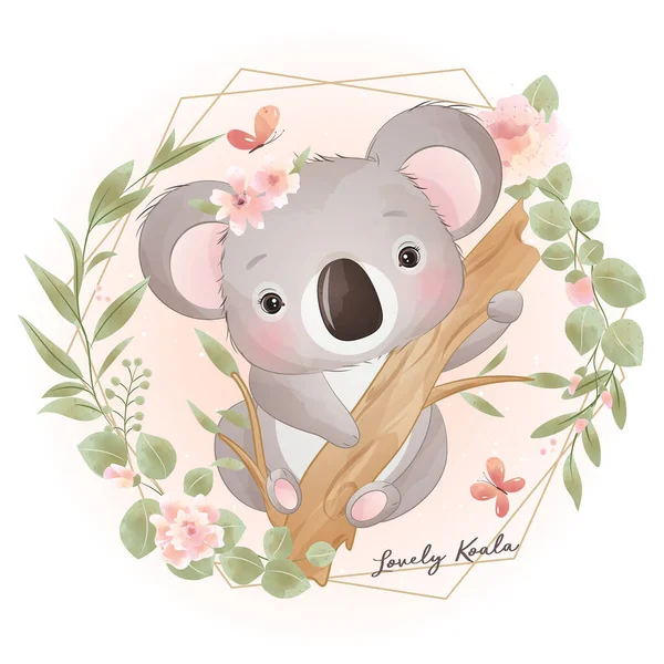 Ours Koala Doodle Mignon Avec Illustration Florale — Image vectorielle