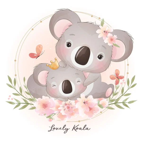 Carino Doodle Koala Orso Con Illustrazione Floreale — Vettoriale Stock