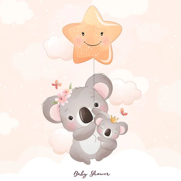 Ours Koala Doodle Mignon Avec Illustration Florale — Image vectorielle